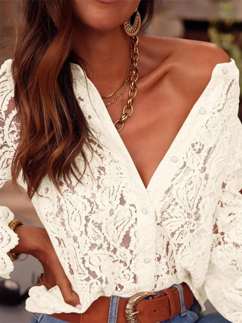 Apricot Elegant Women's Casual Lace Long Sleeve Blouse Top - Picture 5 of 5